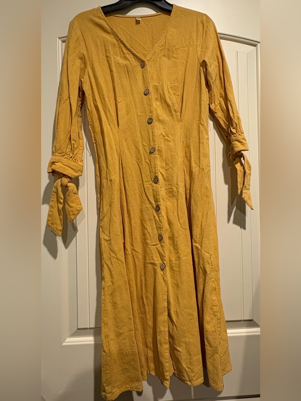 Women’s Mustard Button-Front Tie-Sleeve Maxi Dress